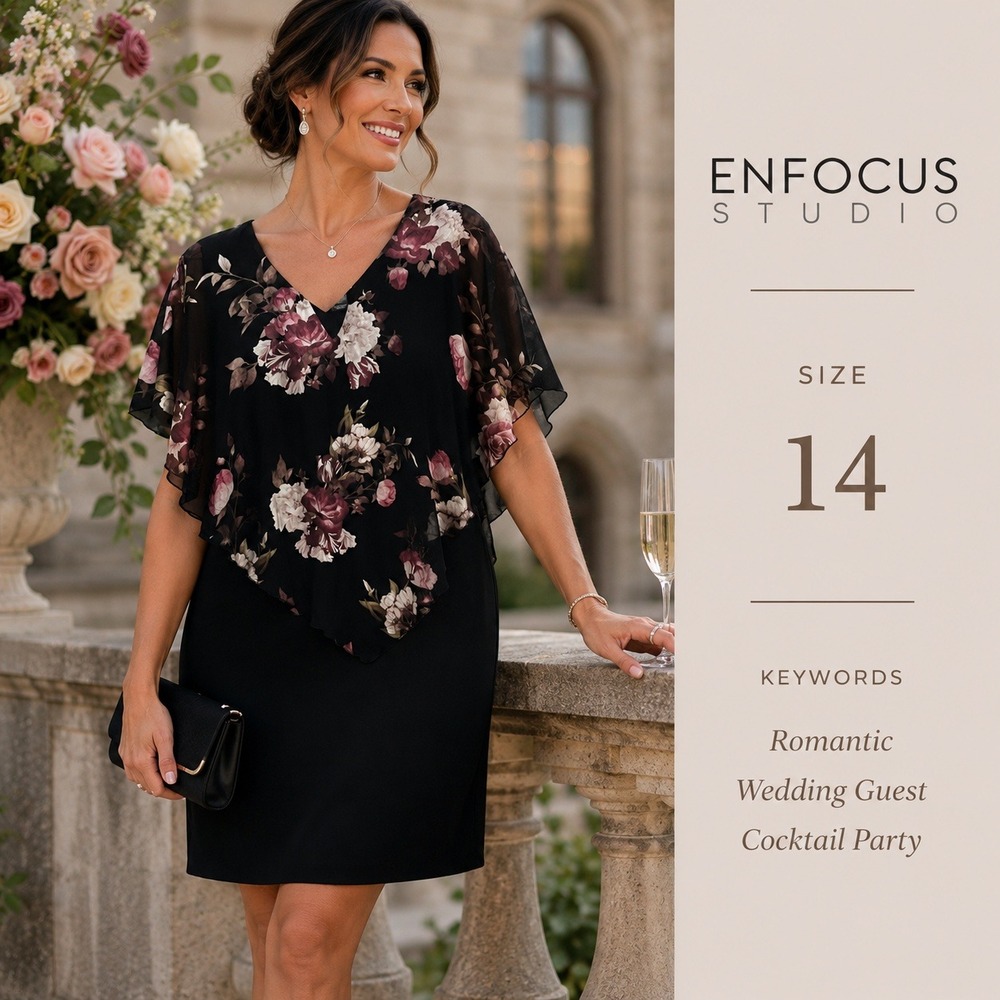 Enfocus Studio Floral Popover Dress Women 14 Black Magenta Sheath Modern Wedding